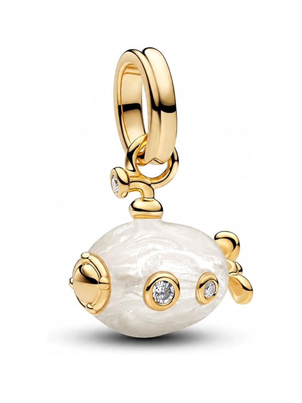 925 Gold Tone Submarine Dangle Charm Rotating Propeller CZ Pearl